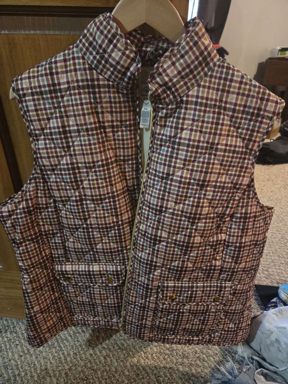 St. John's Bay Quilted Plaid Vest in Burgundy and Tan